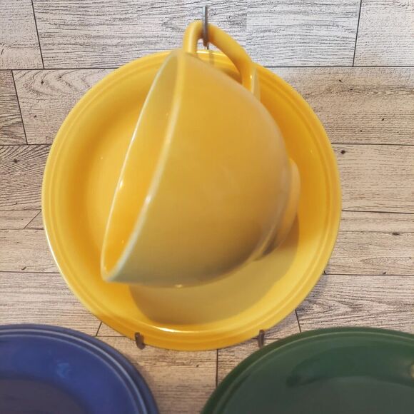 Homer Laughlin Teacup & Saucers CARNIVAL Dishes Lot Of 4 Yellow Cobalt Green - Picture 2 of 16